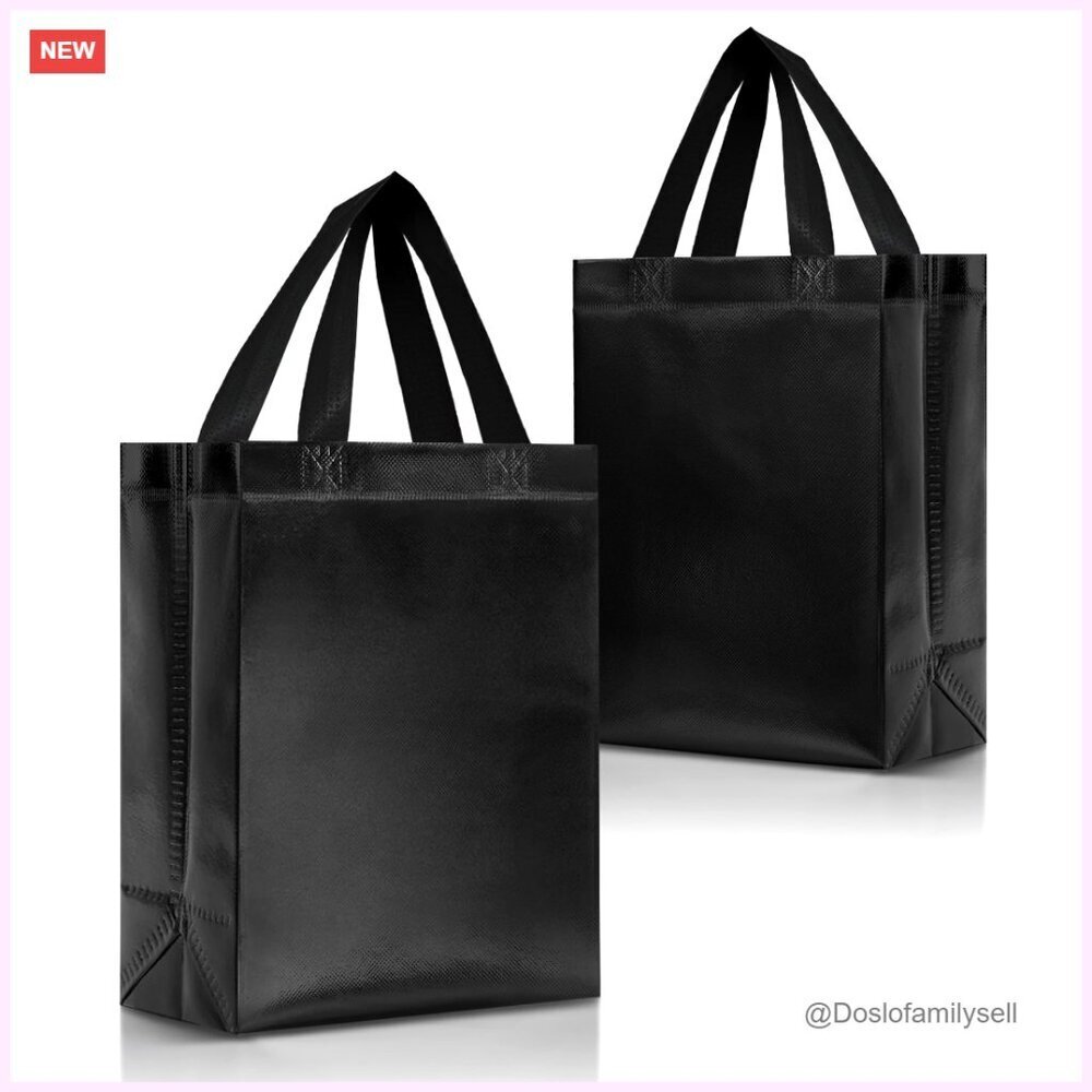 Shiny Black Reusable Gift Bags with Handles - Set of 12 Medium Size